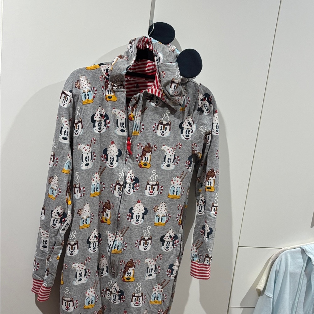 Disney Gray Adult Pajama onesie with Mickey and friends Print